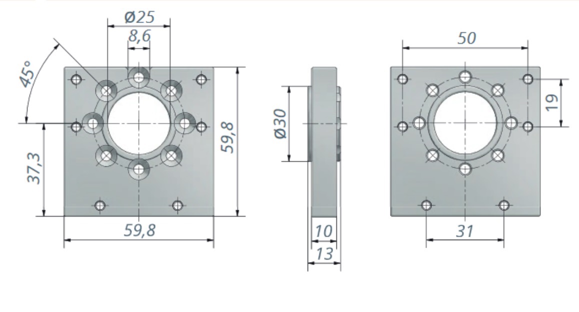 Montageflansch 45° rastend . Montageflansch 45° rastend zur Verbindung und Befestigung unserer 2020 Ket Motion Schneckenradgetriebe.  Befestigungsflansch 45° rastend Aluminium Zeichnung
