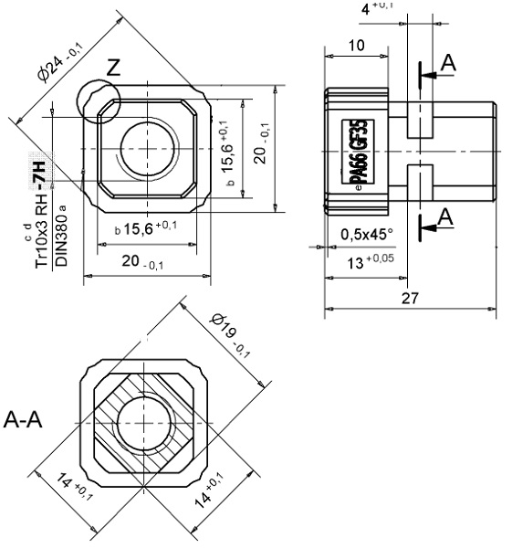Vierkantmutter mit Trapezgewinde TR 10x3 Rechts Zeichnung