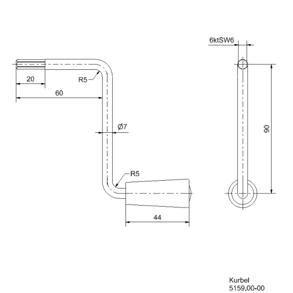 Handkurbel 6kt SW6 l Achsenlänge 60mm l Ausladung 90mm l Einstecktiefe 20mm Zeichnung