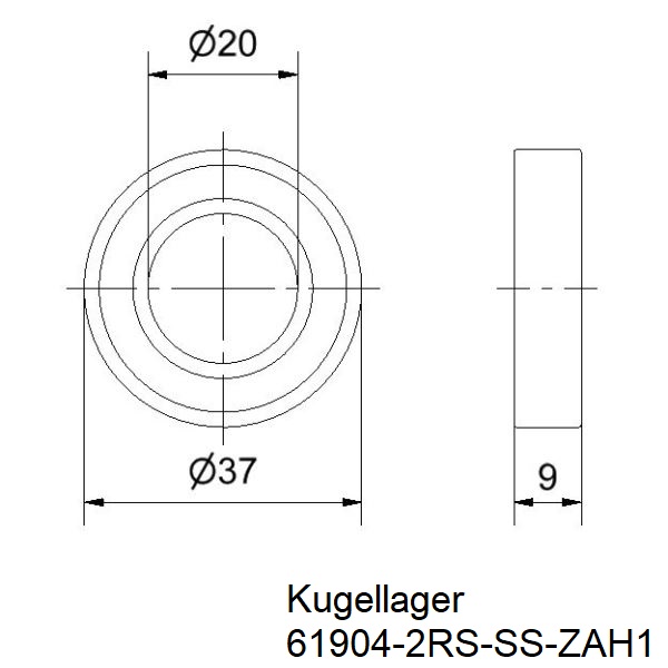 Technical drawing stainless steel deep groove ball bearing 20×37×9 mm 61904-2RS-SS dimensions