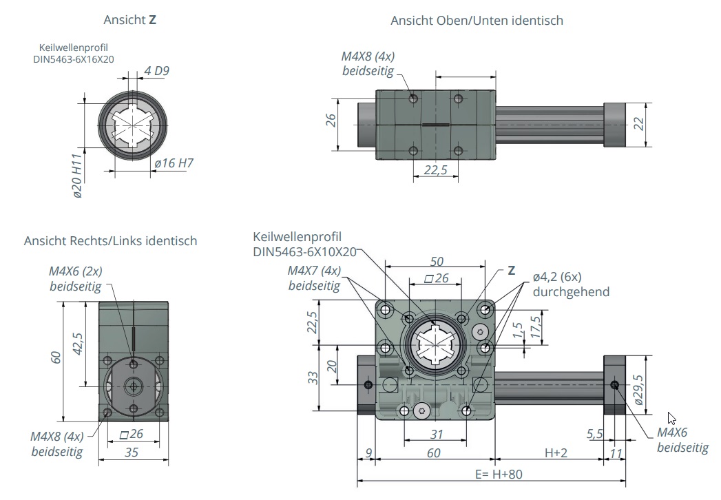 Lineargetriebe mit Keilnarbenprofil und Hub 150mm /250mm / 500mm