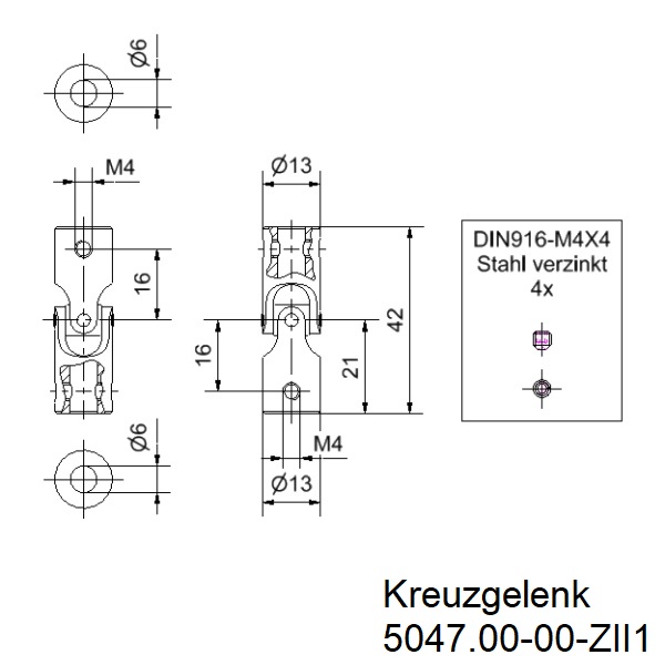 Kreuzgelenk_Stahl_13mm_beidseitige_Bohrung_6mm_1_Stck_Zeichnung Stahl Kreuzgelenk l Ø 13mm l beidseitige Bohrung 6mm l 1 Stück Zeichnung