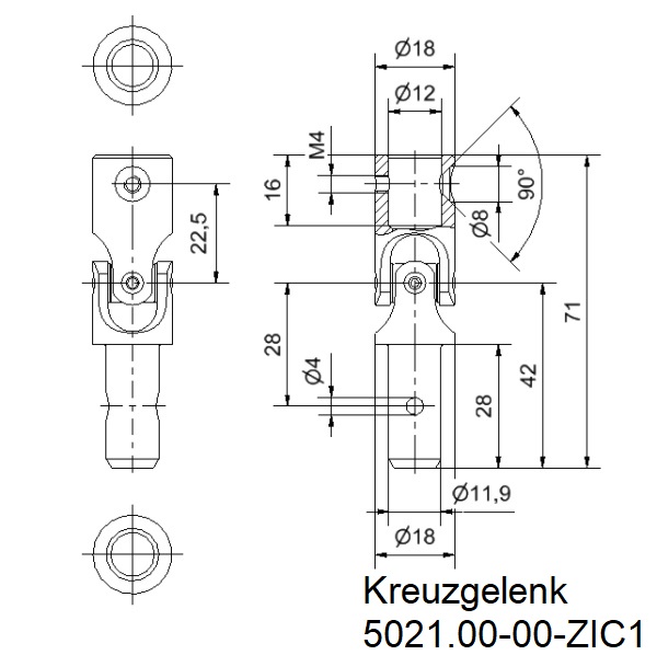 Alu Kreuzgelenk l Ø 18 mm l Bohrung 12mm l Zapfen 12mm l 1 Stück Zeichnung