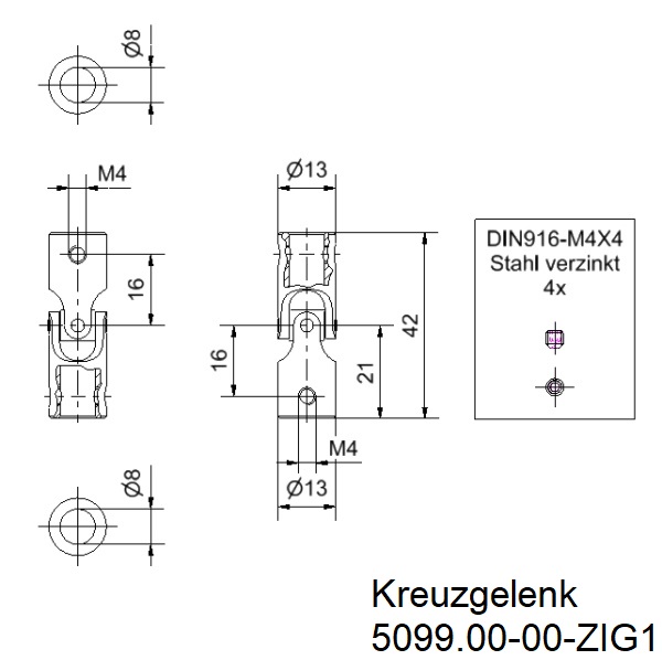 Kreuzgelenk_Stahl_13mm_beidseitige_Bohrung_8mm_1_Stck_Zeichnugn Stahl Kreuzgelenk l Ø 13mm l beidseitige Bohrung 8mm l 1 Stück Zeichnung