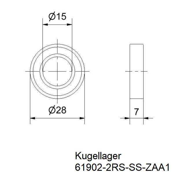 Technical drawing stainless steel deep groove ball bearing 15×28×7 mm 61902-2RS-SS dimensions