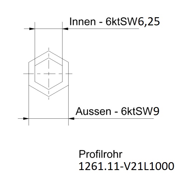 Profilrohr_Stahl_auen_Sechskant_SW9_innen_Sechskant_SW6_1000mm_Zeichnung Profilrohr l Außen 6kt SW9 l Innen 6kt SW6 l Länge 1000mm Zeichnung