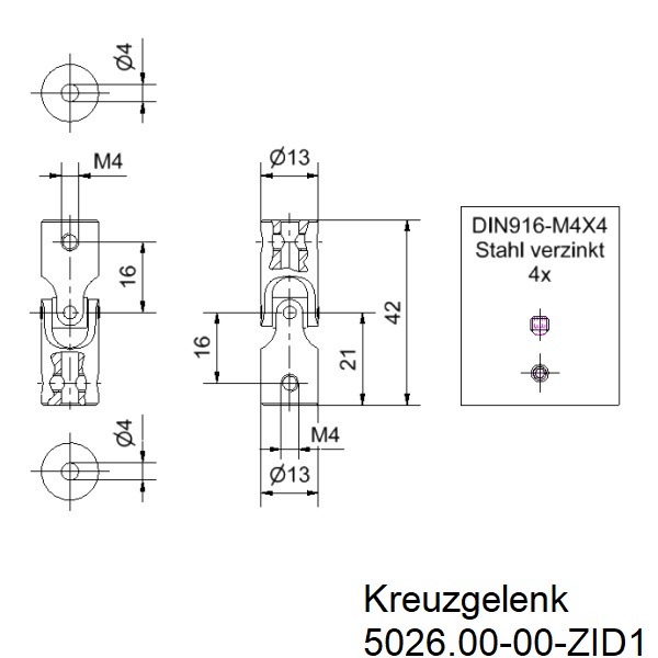 Kreuzgelenk_Stahl_13mm_beidseitige_Bohrung_4mm_1_Stck_Zeichnung Stahl Kreuzgelenk l Ø 13 mm l beidseitige Bohrung 4mm l 1 Stück Zeichnung
