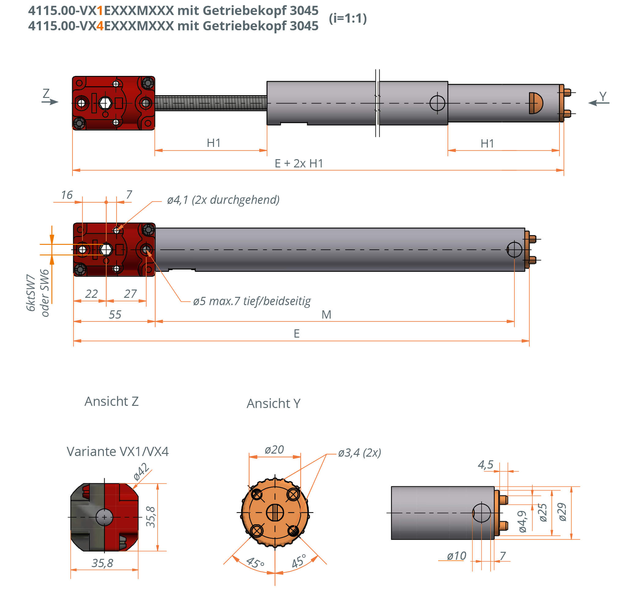 Kegelradgetriebe mit Synchronteleskopspindel 4115.00 Technische Zeichnung Kegelradgetriebe mit Synchronteleskopspindel