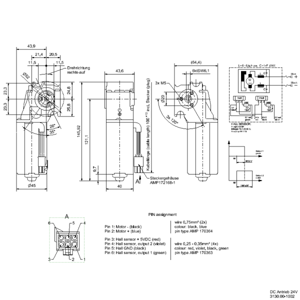 DC Motor mit Getriebe 24V l 6kt SW6 l ohne Befestigungsplatte Zeichnung1