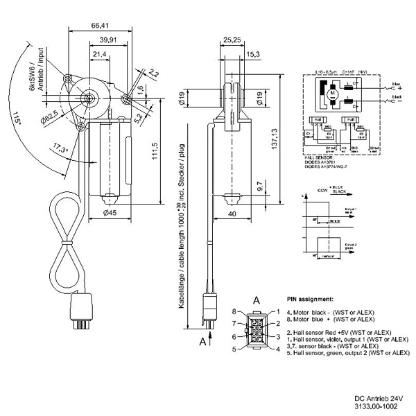 DC_Motor_mit_Getriebe_24V_25Nm_6kt_SW6_Zeichnung DC Getriebemotor 24V l 2,5 Nm l 6kt SW 6 Zeichnung