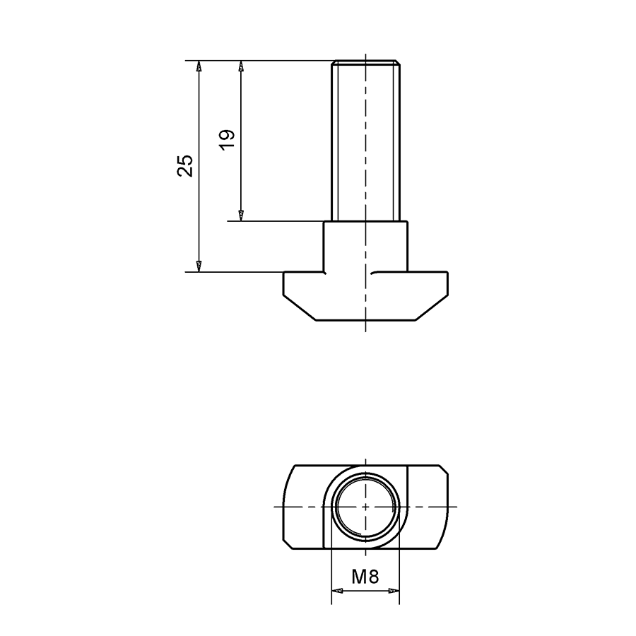 Hammer-head bolt M8 x 25  Zechnische Zeichnung Hammerschraube