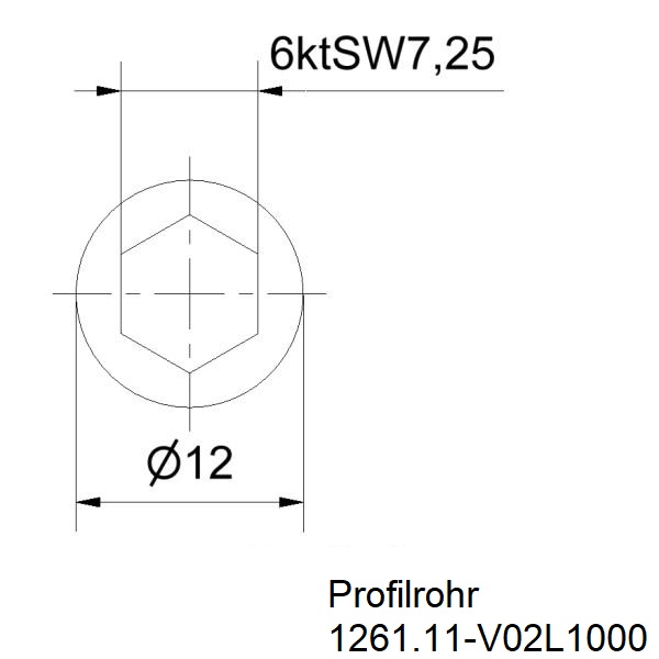 Profilrohr l Außen Ø 12mm l Innen 6kt SW 7mm l Länge 1000mm Zeichnung