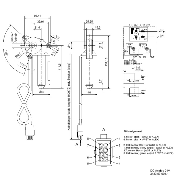 DC Getriebemotor 24V l 3,5 Nm l 6kt SW 7 Zeichnung1