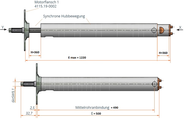 Synchronteleskop_Spindeleinheit Synchronteleskop-Spindeleinheit mit Motoradapter l Einbaumaß 500mm