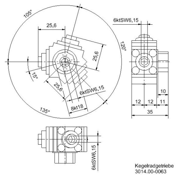 Winkelgetriebe 1,33:1 120° / 135° / 105° / 2 Nm / glasfaserverstärkter Kunststoff / nein