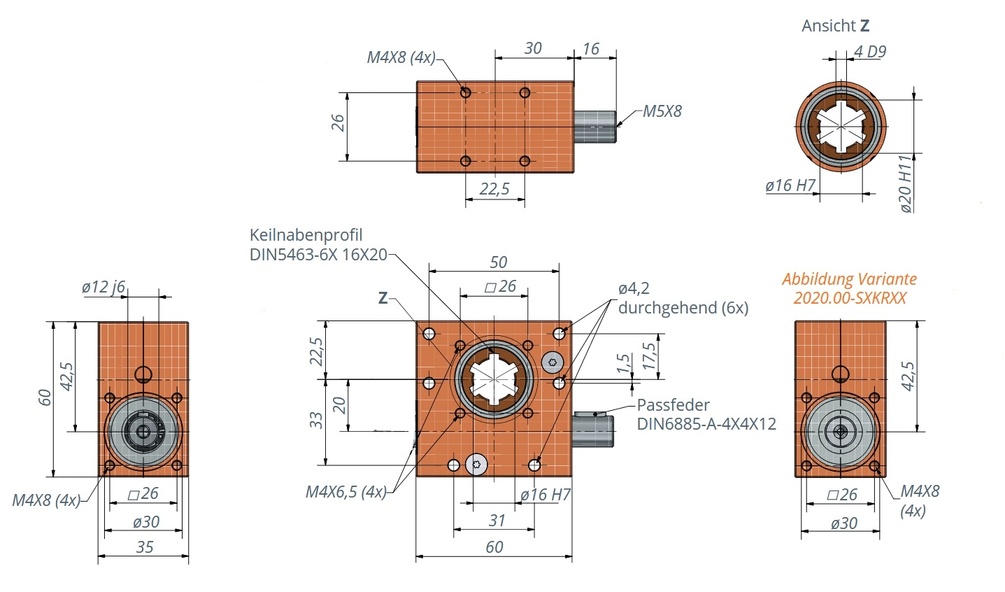 Schneckengetriebe mit Keilwellenprofil Abtrieb 1,5Nm- 15Nm