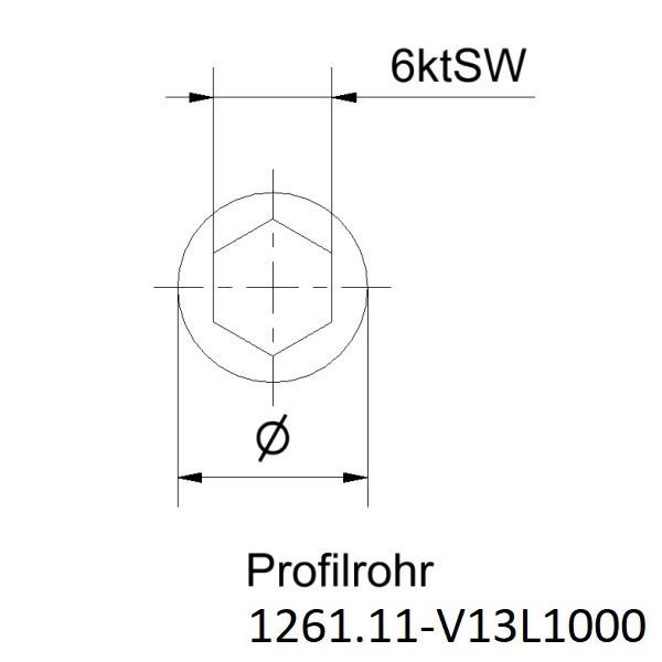 Profilrohr_Stahl_Durchmesser_9mm_innen_Sechskant_SW6_1000mm_Zeichnung Profilrohr l Stahl l Außen rund Ø9mm l Innen 6kant SW6 l Länge 1000mm Zeichnung