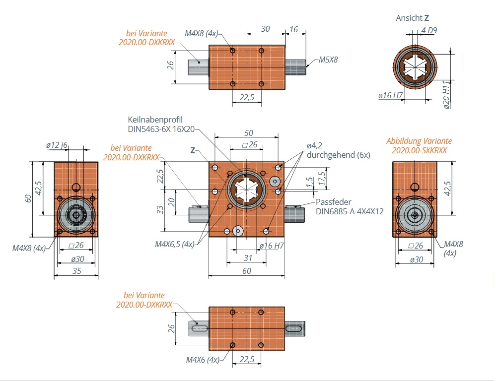 Schneckengetriebe mit Keilwellenprofil 65:1 - 1:1 l 1,5 - 15 Nm