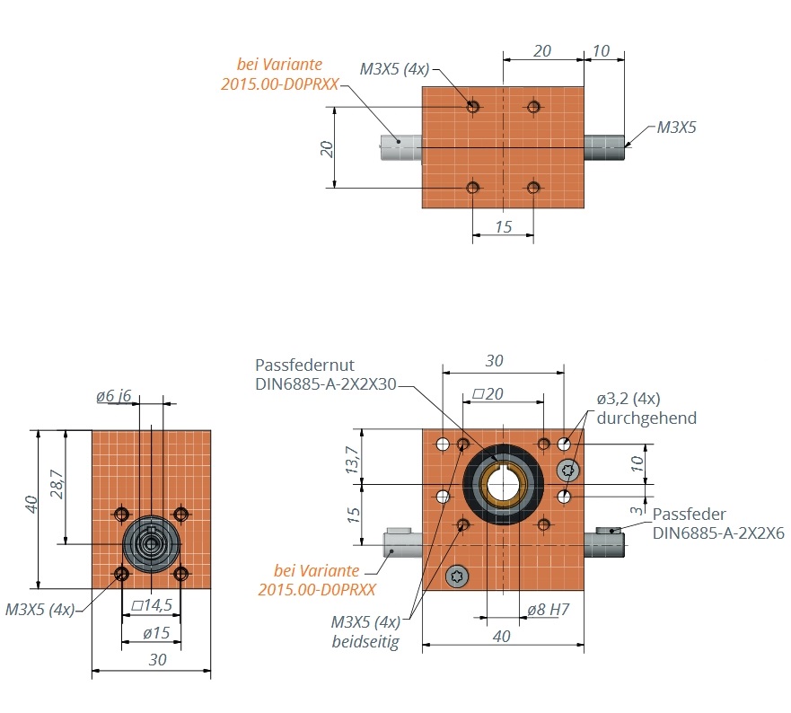 Schneckengetriebemit Passfedernut und zwei Antriebszapfen 1-3Nm 47:1 bis 1:1