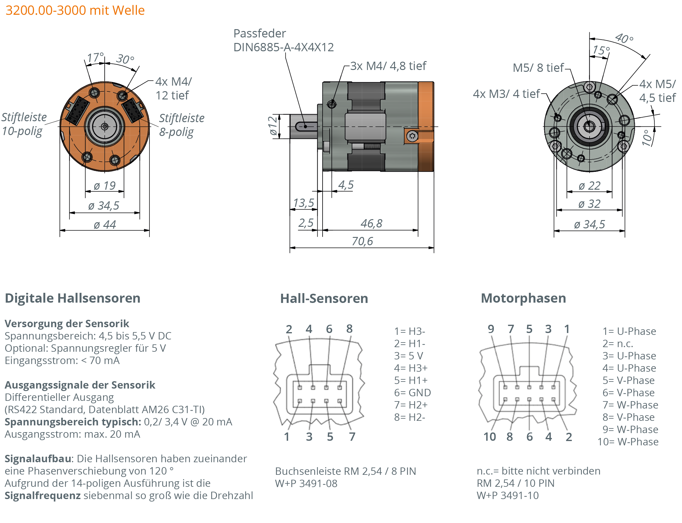 Zeichnung BLDC-Motor Zeichnung BLDC-Motor 3200.00-3000 mit Welle