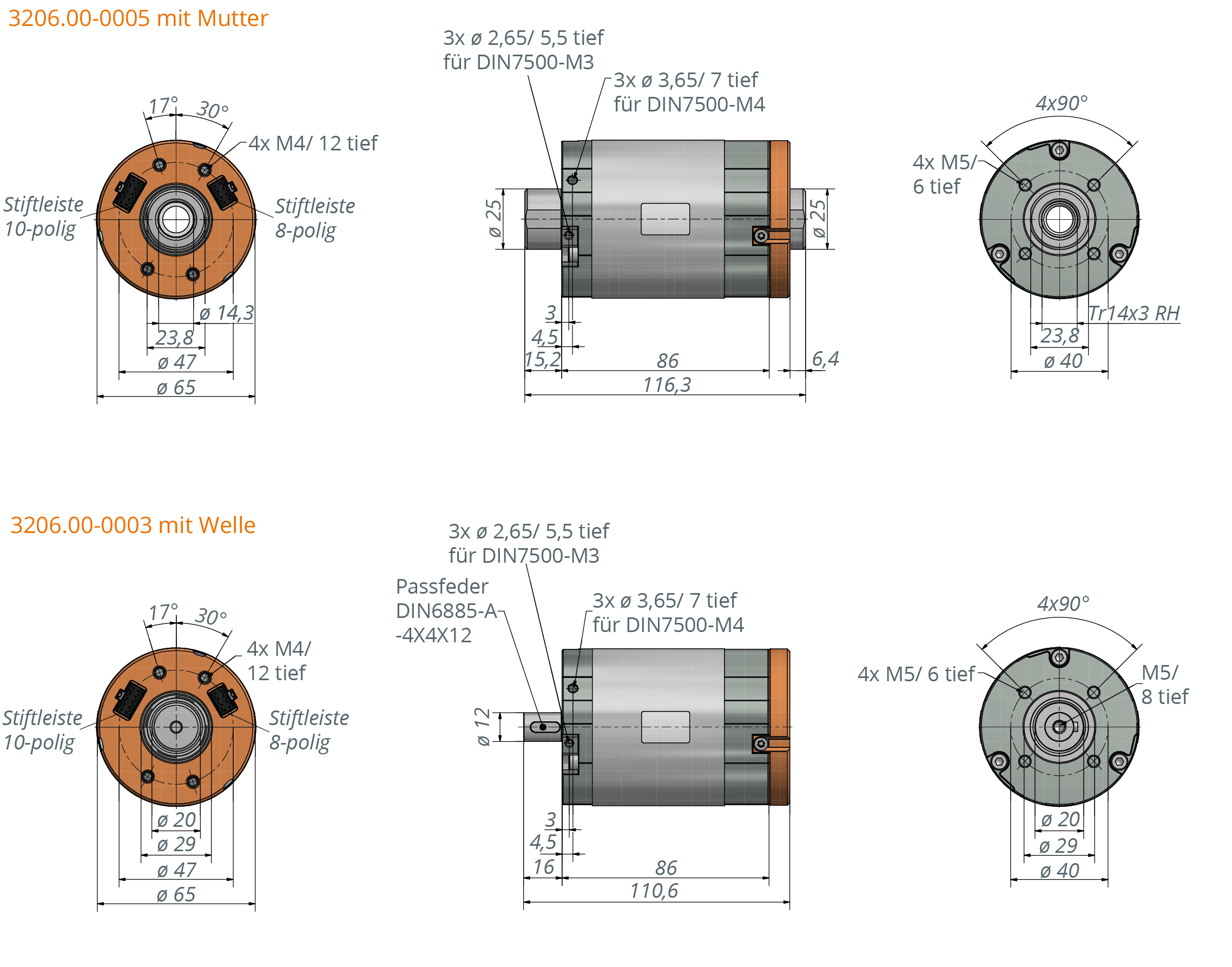 t-Rex 3206 I-65-86-L36 S2 (long version, focus torque) at 24 VDC Technische Zeichnung BLDC-Motor 3206