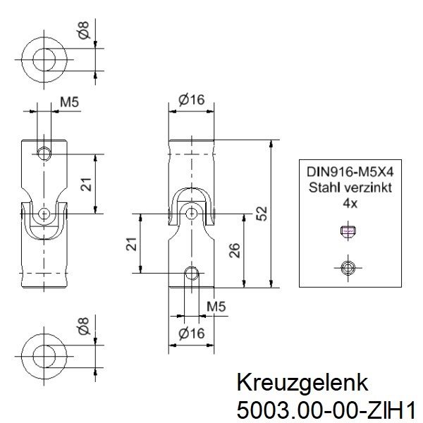 Kreuzgelenk_Stahl_16mm_beidseitige_Bohrung_8mm_1_Stck_Zeichnung Stahl Kreuzgelenk l Ø 16mm l beidseitige Bohrung 8mm l 1 Stück Zeichnung