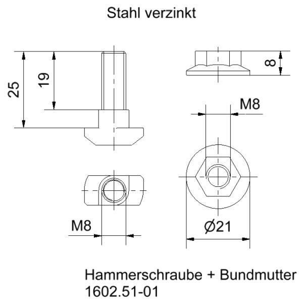 Hammerschraube Bundmutter Montageprofile Zeichnung1