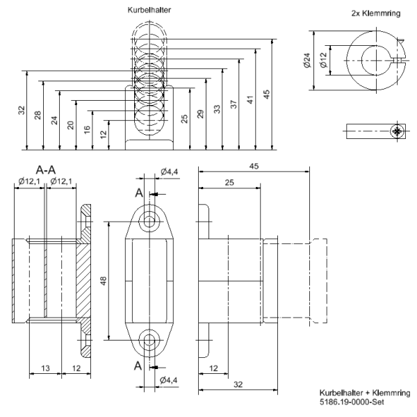 Kurbelhalter_Handkurbel_Zeichnung Kurbelhalter und Klemmringe mit Feststellschraube für Handkurbel klappbar. Zeichnung