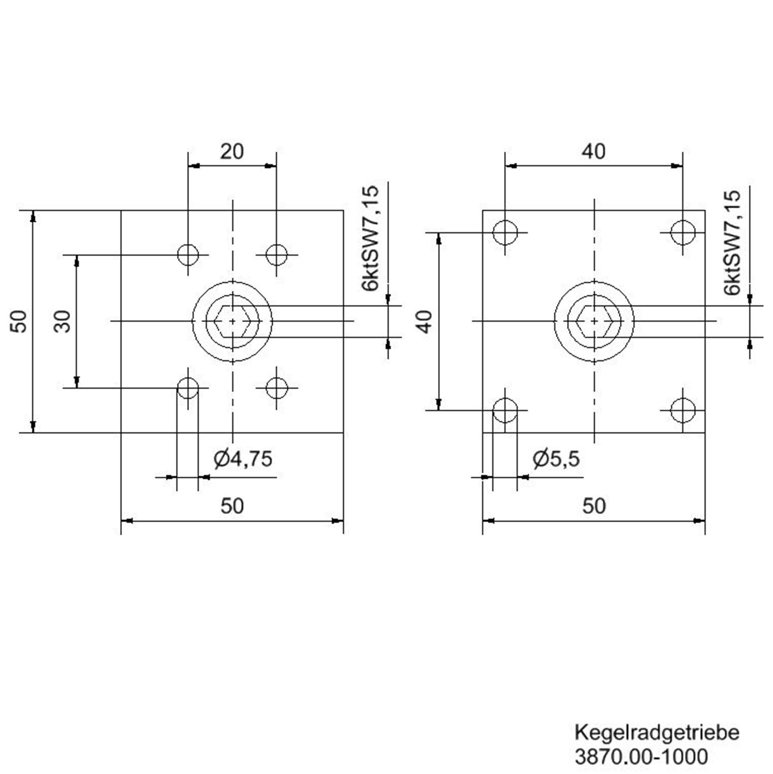 Kegelradgetriebe 10 Nm 1:1 mit Sackloch innen 6kt SW7 / 2