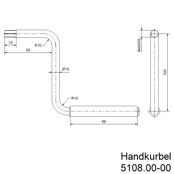 Handkurbel 6kt SW9 l Achsenlänge 62mm l Ausladung 100mm l Einstecktiefe 15mm Zeichnung