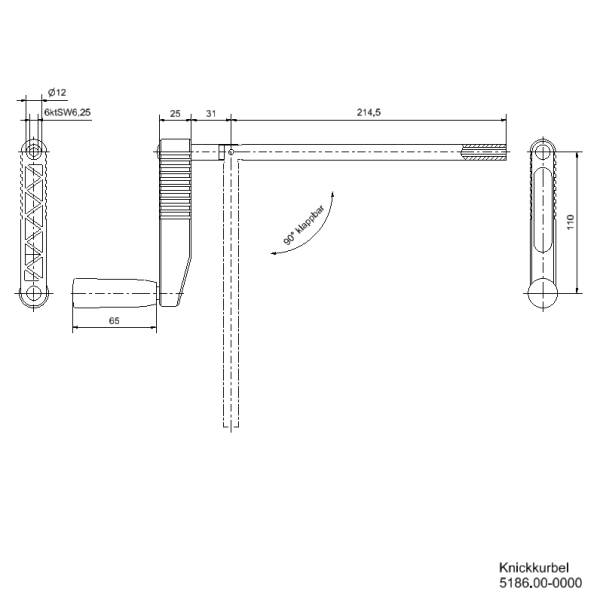 Handkurbel_klappbar_6ktSW6_Zeichnung Handkurbel 6kt SW6 90° klappbar Zeichnung