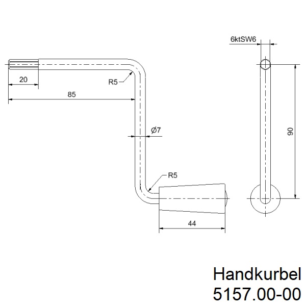 Handkurbel 6kt SW6 l Achsenlänge 33mm l Ausladung 90mm l Einstecktiefe 20mm Zeichnung